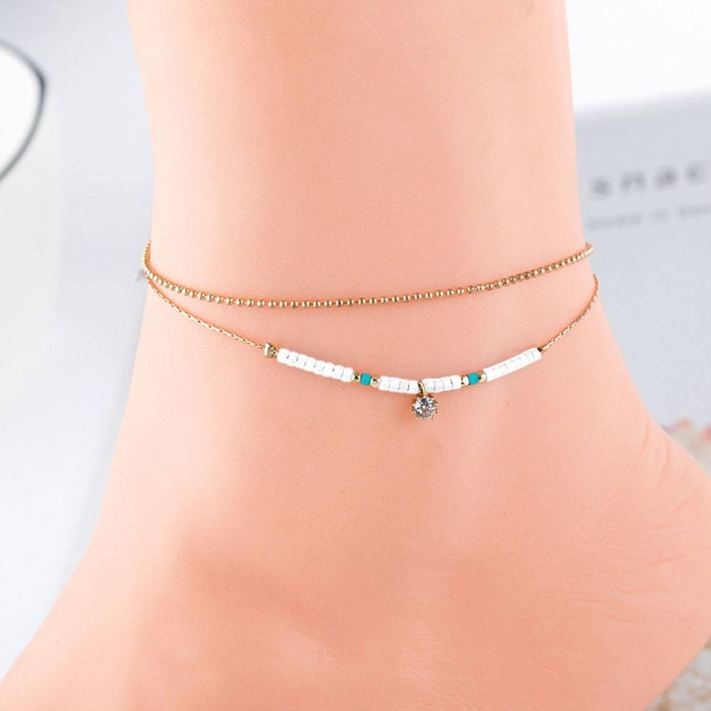 Beaded Double Anklet with White Bead-yournamenecklaceuk