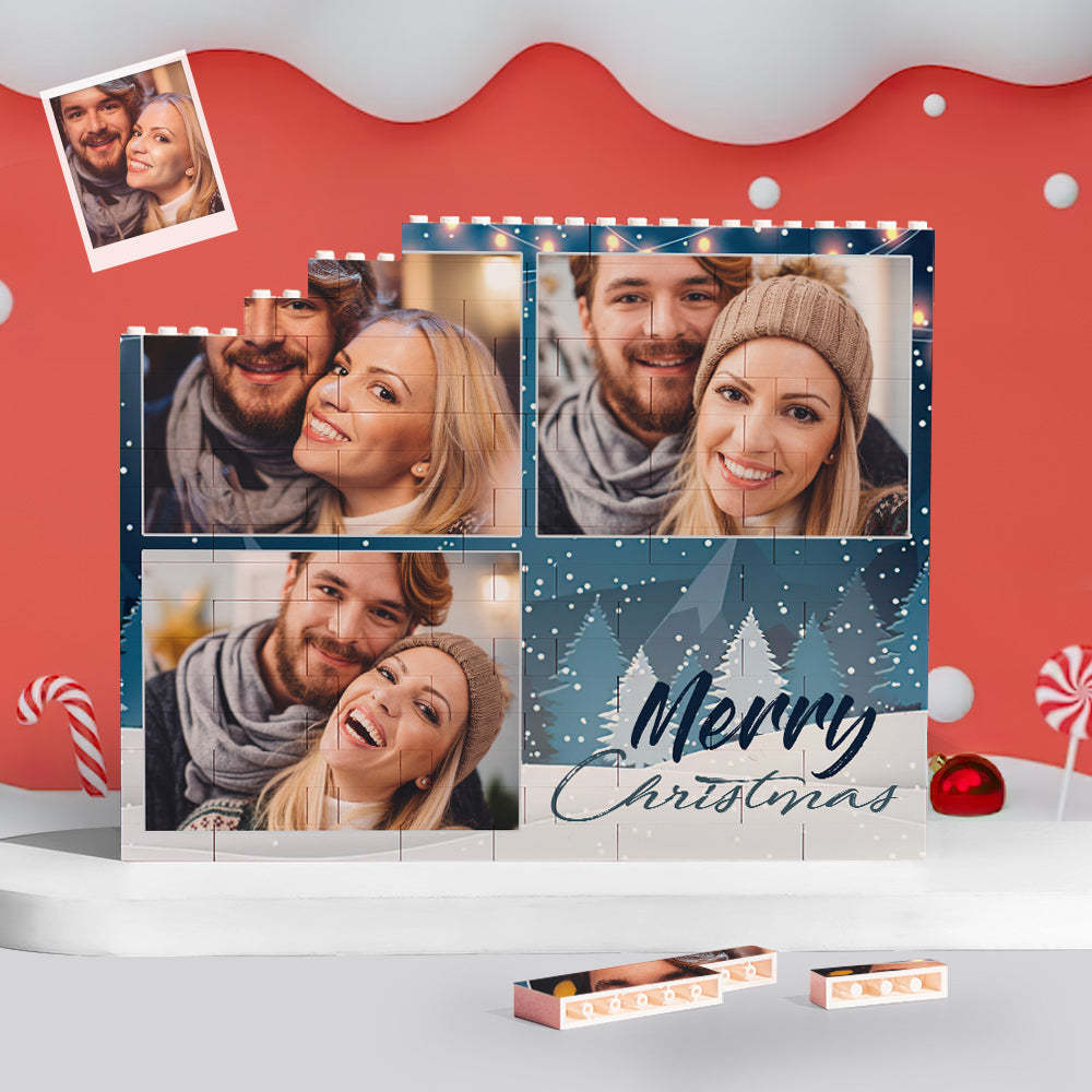 Custom Building Block Puzzle Personalized Blue Horizontal Trio Couple Photo Brick Christmas Gift - yournamenecklaceuk