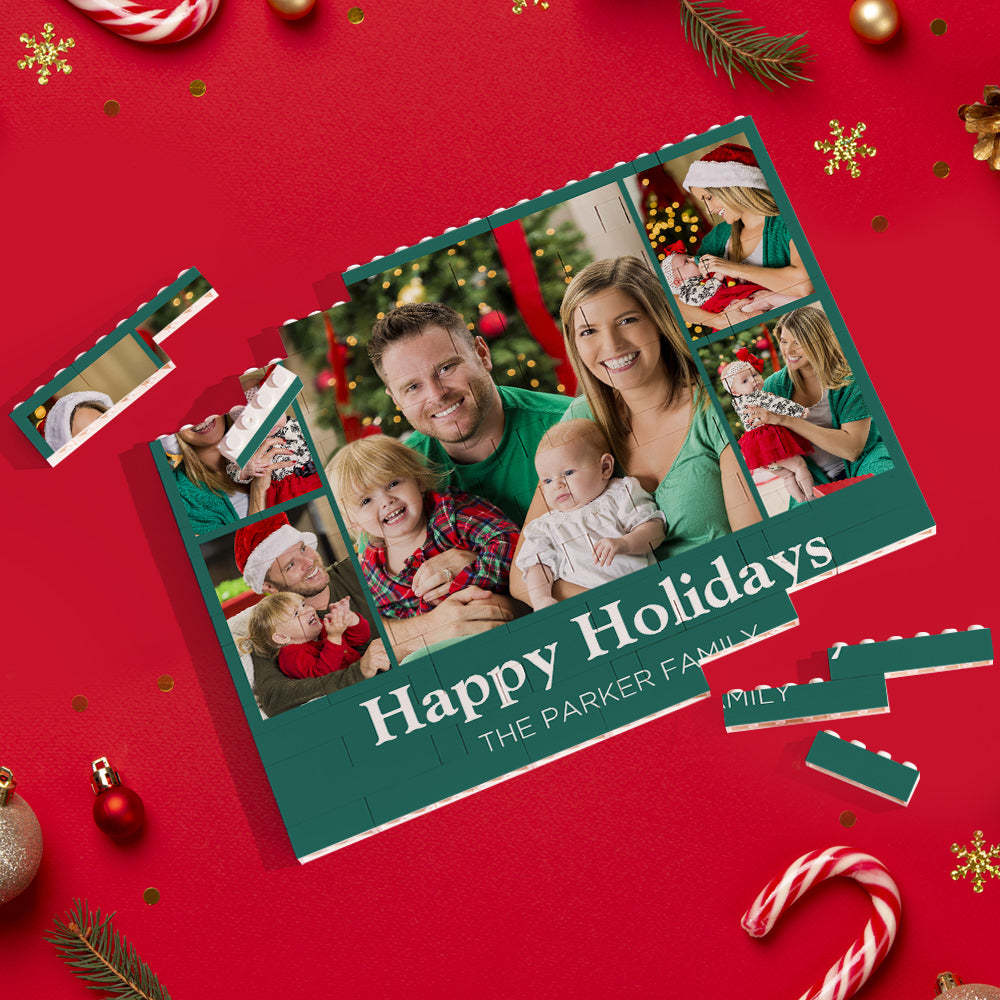 Custom Building Block Puzzle Personalized Horizontal Trio Photo Brick Happy Holidays - yournamenecklaceuk