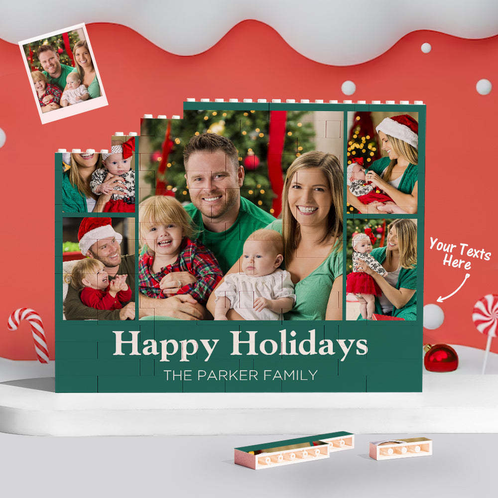 Custom Building Block Puzzle Personalized Horizontal Trio Photo Brick Happy Holidays - yournamenecklaceuk