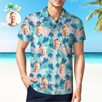 Custom Men's Face Polo Shirt Golf Summer Polo Shirt Blue Palm Tree - yournamenecklaceuk