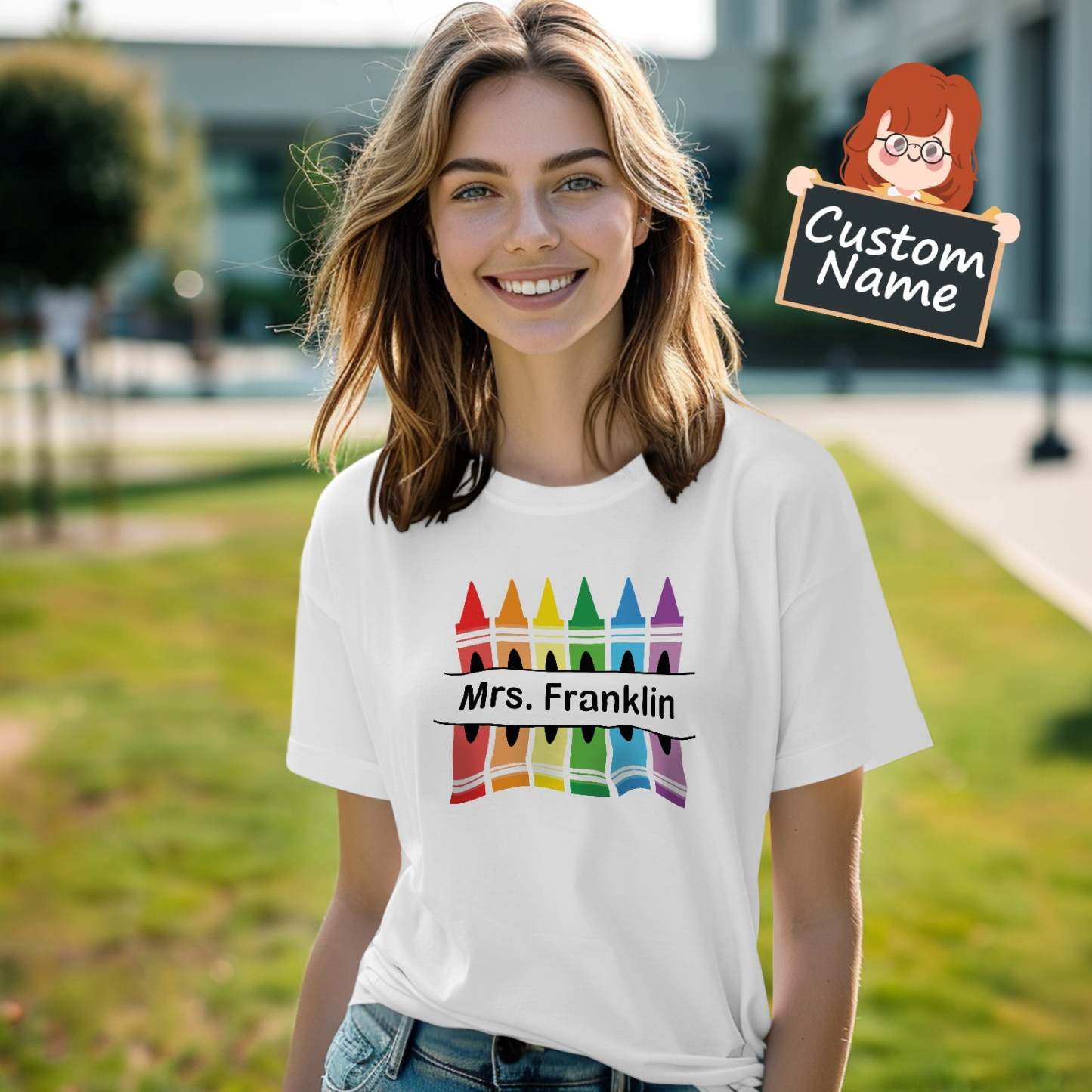 Personalized Crayon T-Shirt Teacher Custom Name Shirt Back to School Gifts - yournamenecklaceuk