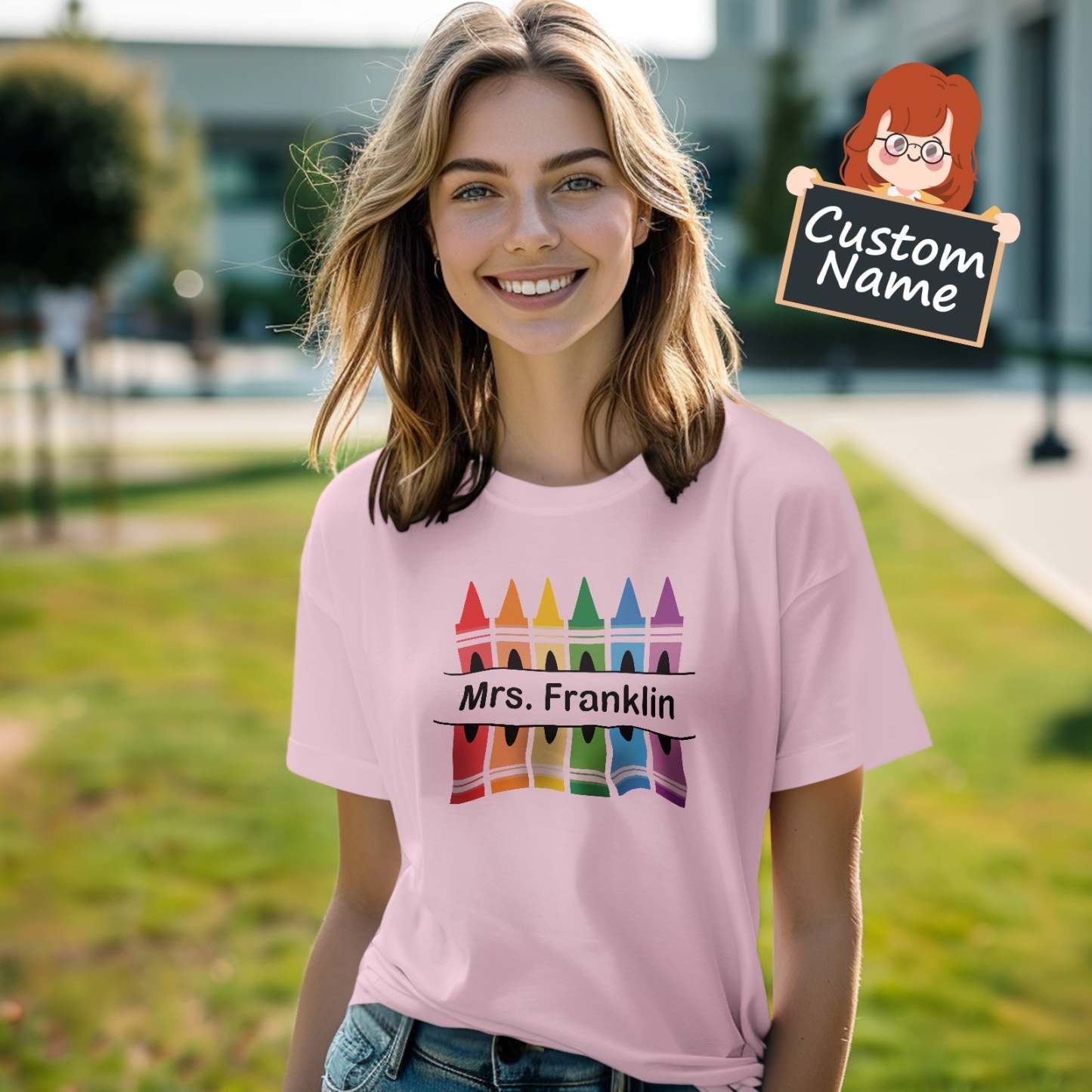 Personalized Crayon T-Shirt Teacher Custom Name Shirt Back to School Gifts - yournamenecklaceuk