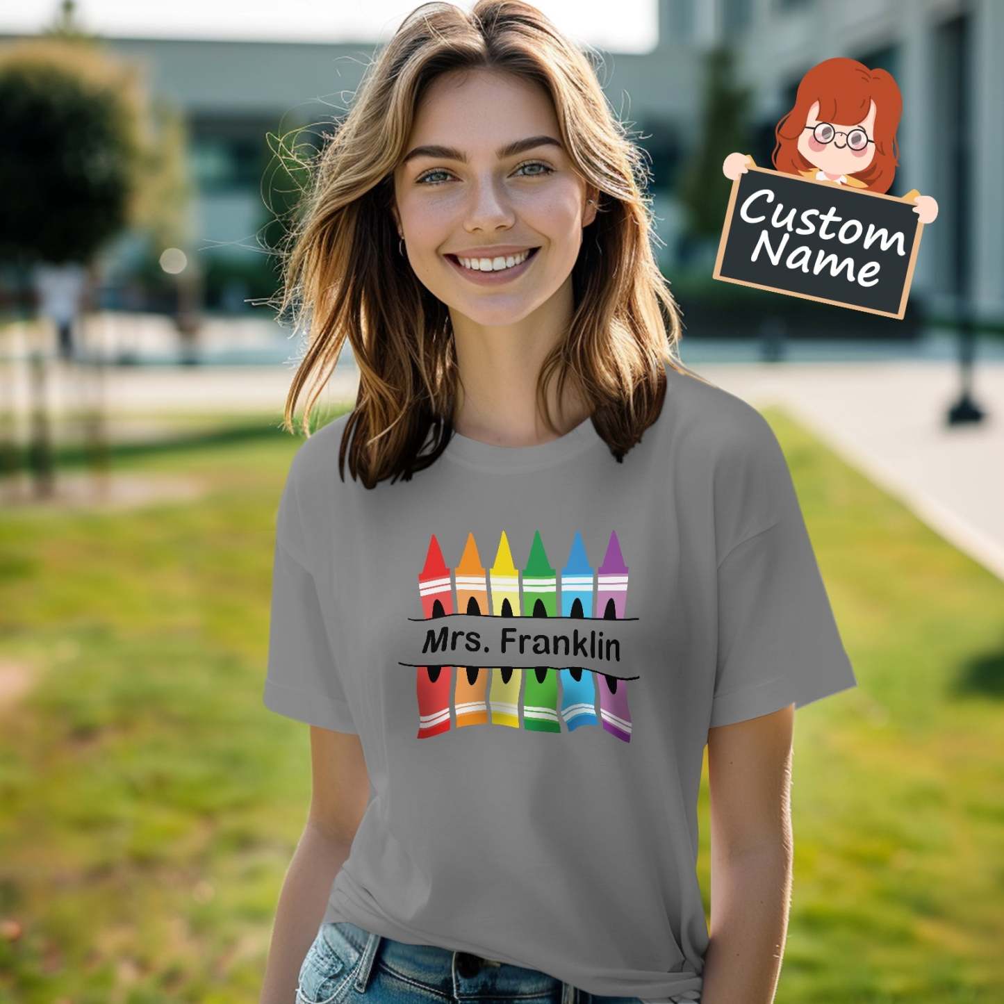 Personalized Crayon T-Shirt Teacher Custom Name Shirt Back to School Gifts - yournamenecklaceuk
