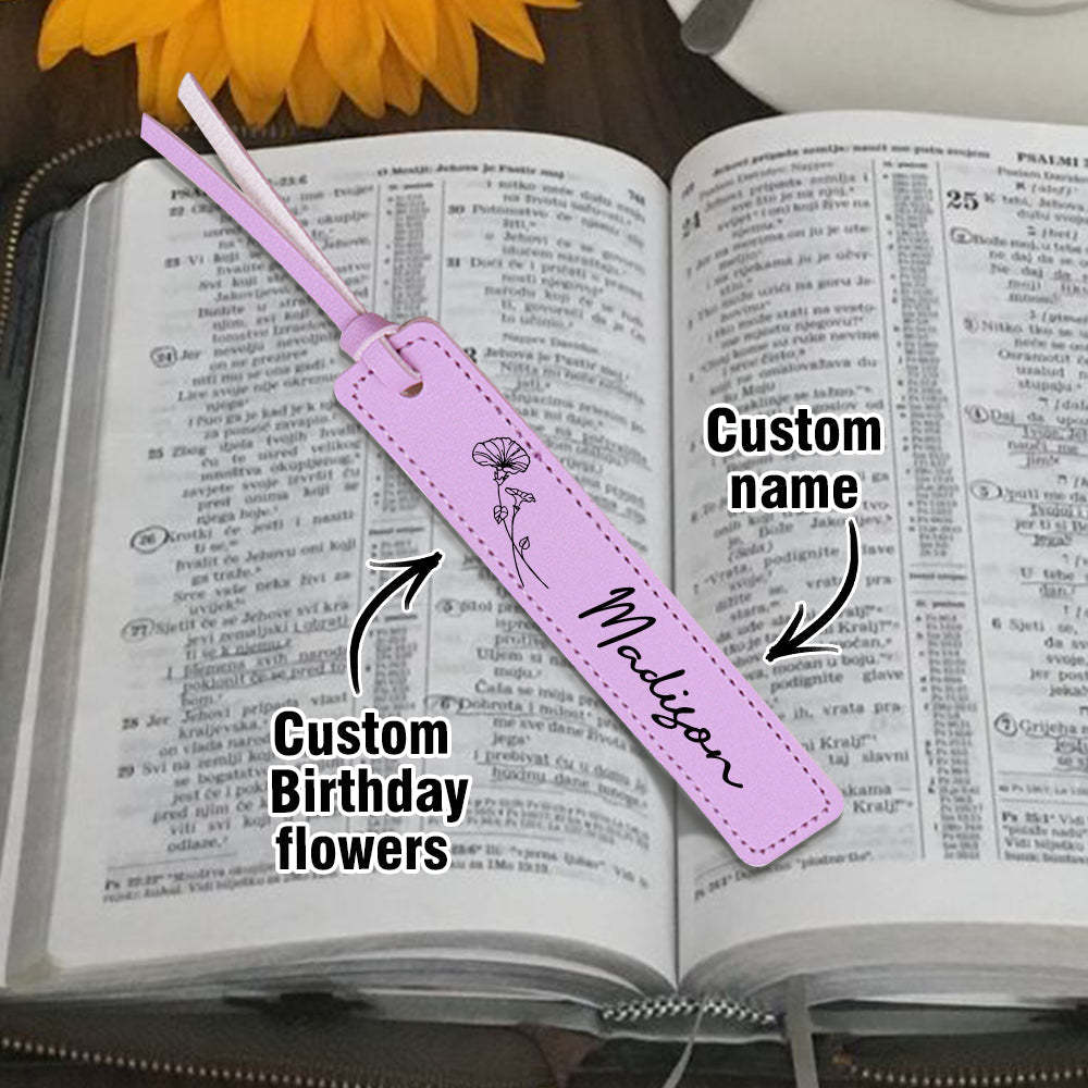 Custom Name Bookmark with Birth Month Flower for Book Personalized Leather Bookmark for Women - yournamenecklaceuk