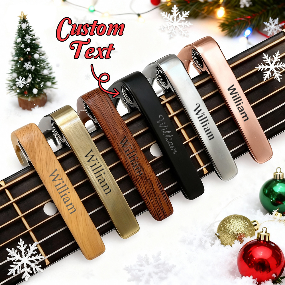Personalized Metal Guitar Capo with Wood Grain, Custom Message, Engraved Guitar Pick, Birthday Gift, Fathers days Gift for Guitarists -  NameNecklaceUK