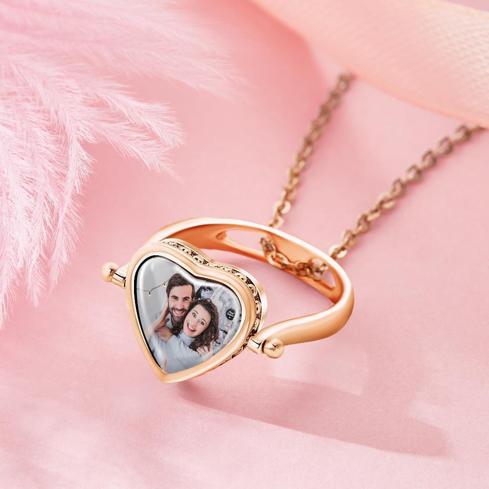 Custom Photo Necklace, Photo Ring Memorial Gifts Dual-use (Ring Size 5#) Rose Gold Plated Silver - yournamenecklaceuk