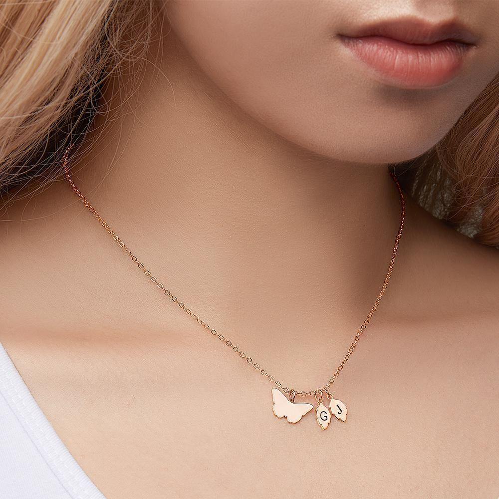 Engraved Necklace with Butterfly and Leaves Necklace Gift for Her Rose Gold Plated Silver - yournamenecklaceuk