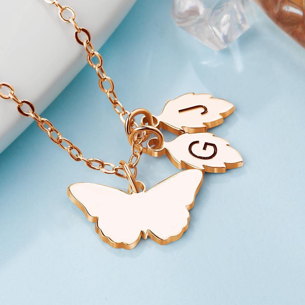 Engraved Necklace with Butterfly and Leaves Necklace Gift for Her Rose Gold Plated Silver - yournamenecklaceuk