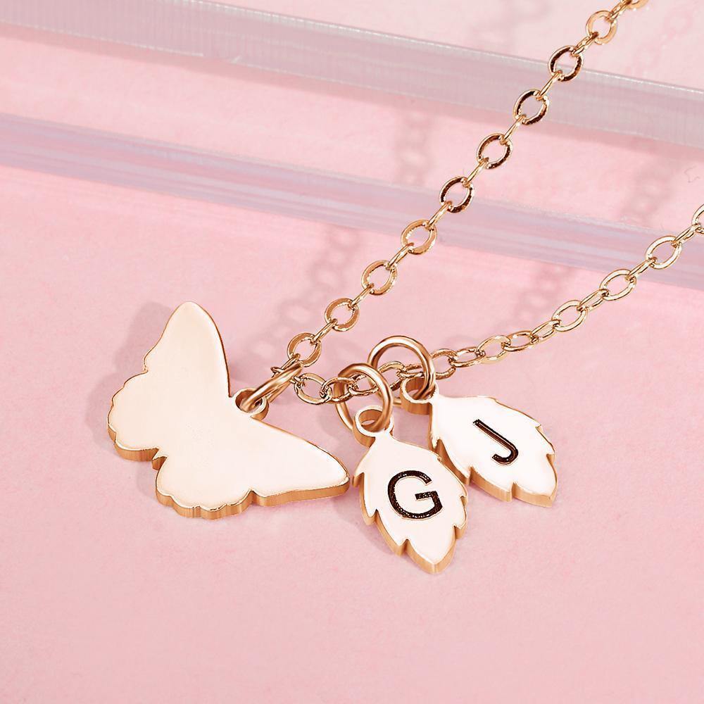 Engraved Necklace with Butterfly and Leaves Necklace Gift for Her Rose Gold Plated Silver - yournamenecklaceuk