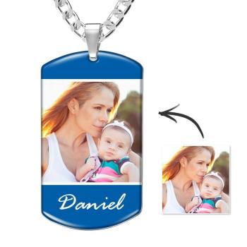 Photo Engraved Tag Necklace with Engraving Colorful Effect Blue Memorial Gifts - yournamencklaceuk