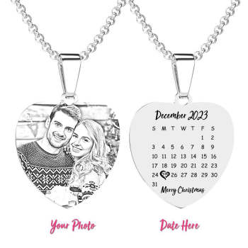 Engraved Heart Calendar Tag Photo Necklace Stainless Steel Gifts for Your Lover Christmas Gift - yournamenecklaceuk