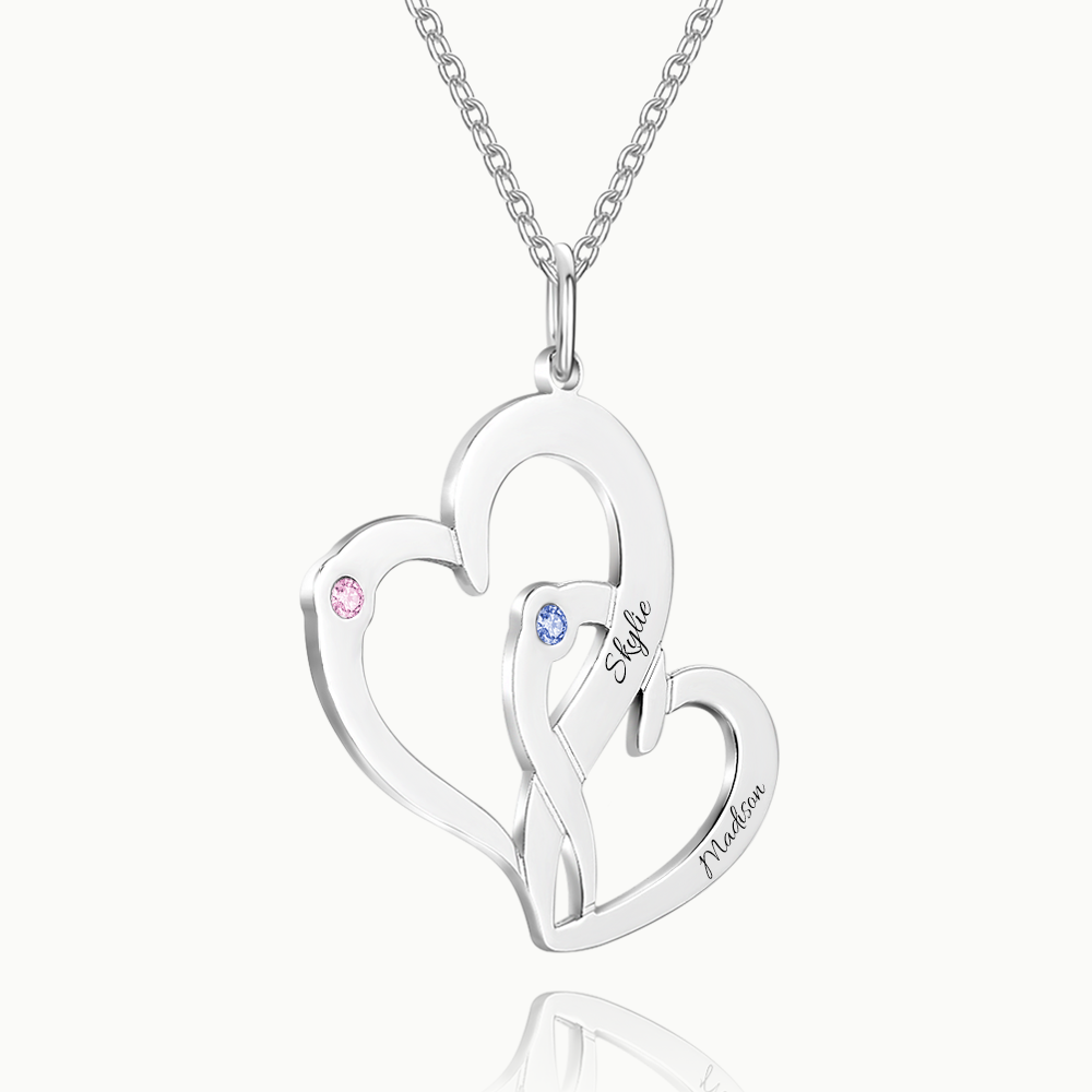 Engraved Two Heart Necklace with Birthstone Silver - yournamenecklaceuk