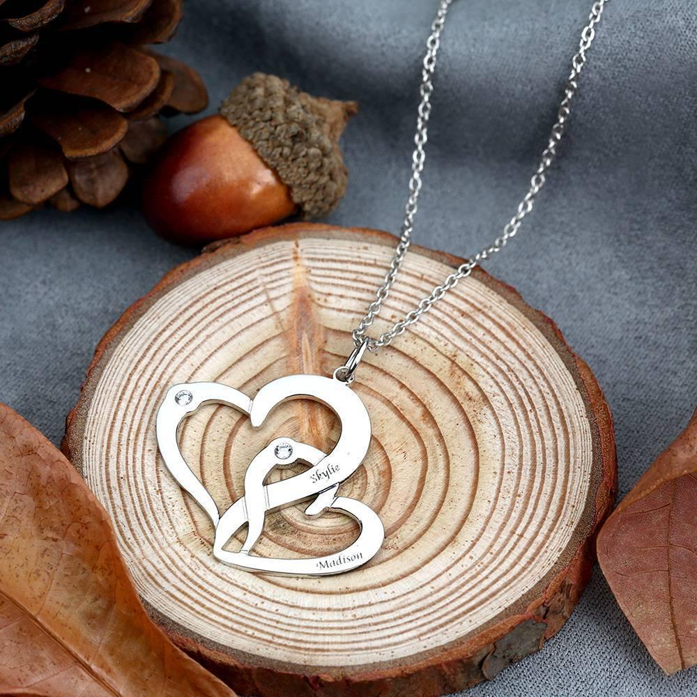 Engraved Two Heart Necklace with Birthstone Silver - yournamenecklaceuk