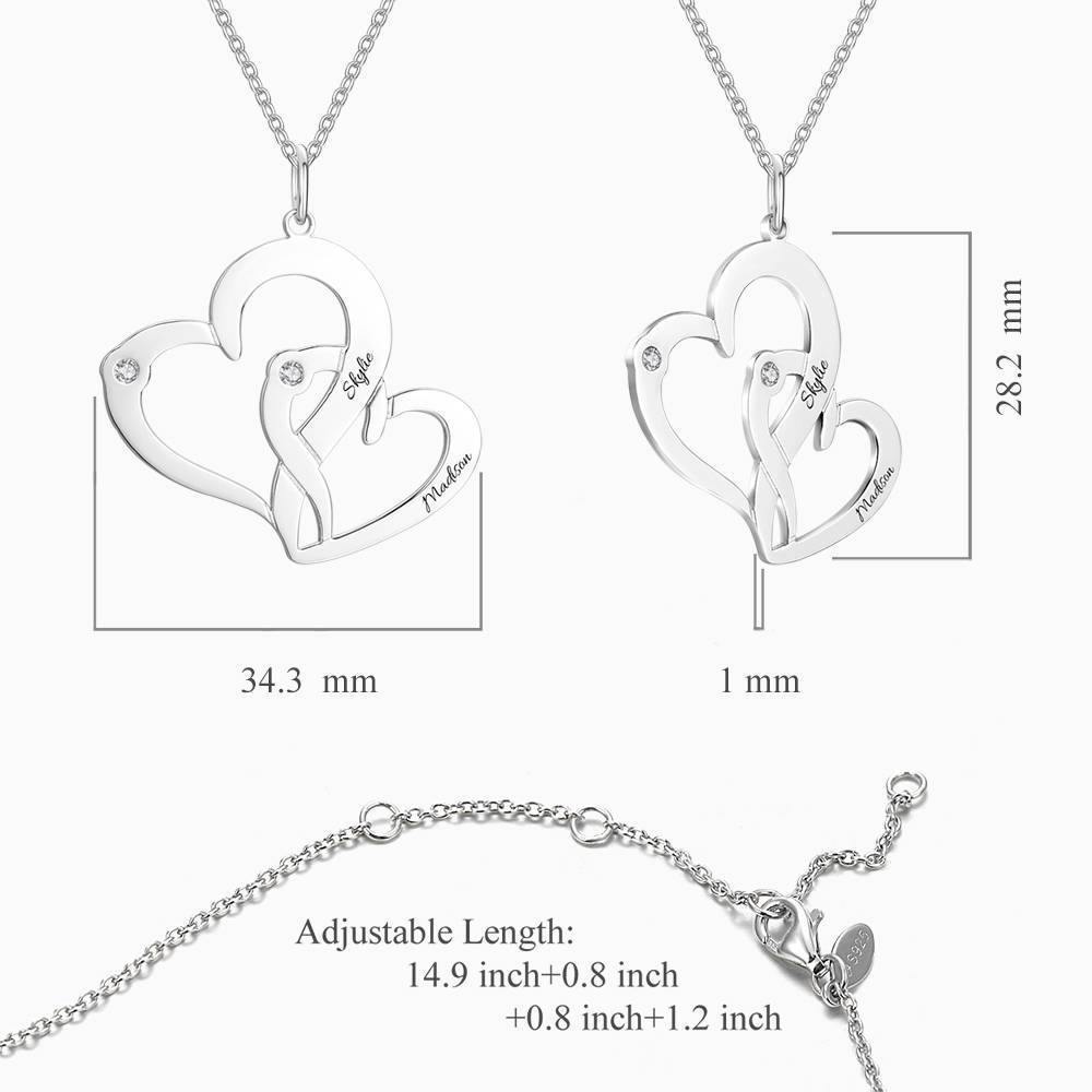 Engraved Two Heart Necklace with Birthstone Silver - yournamenecklaceuk