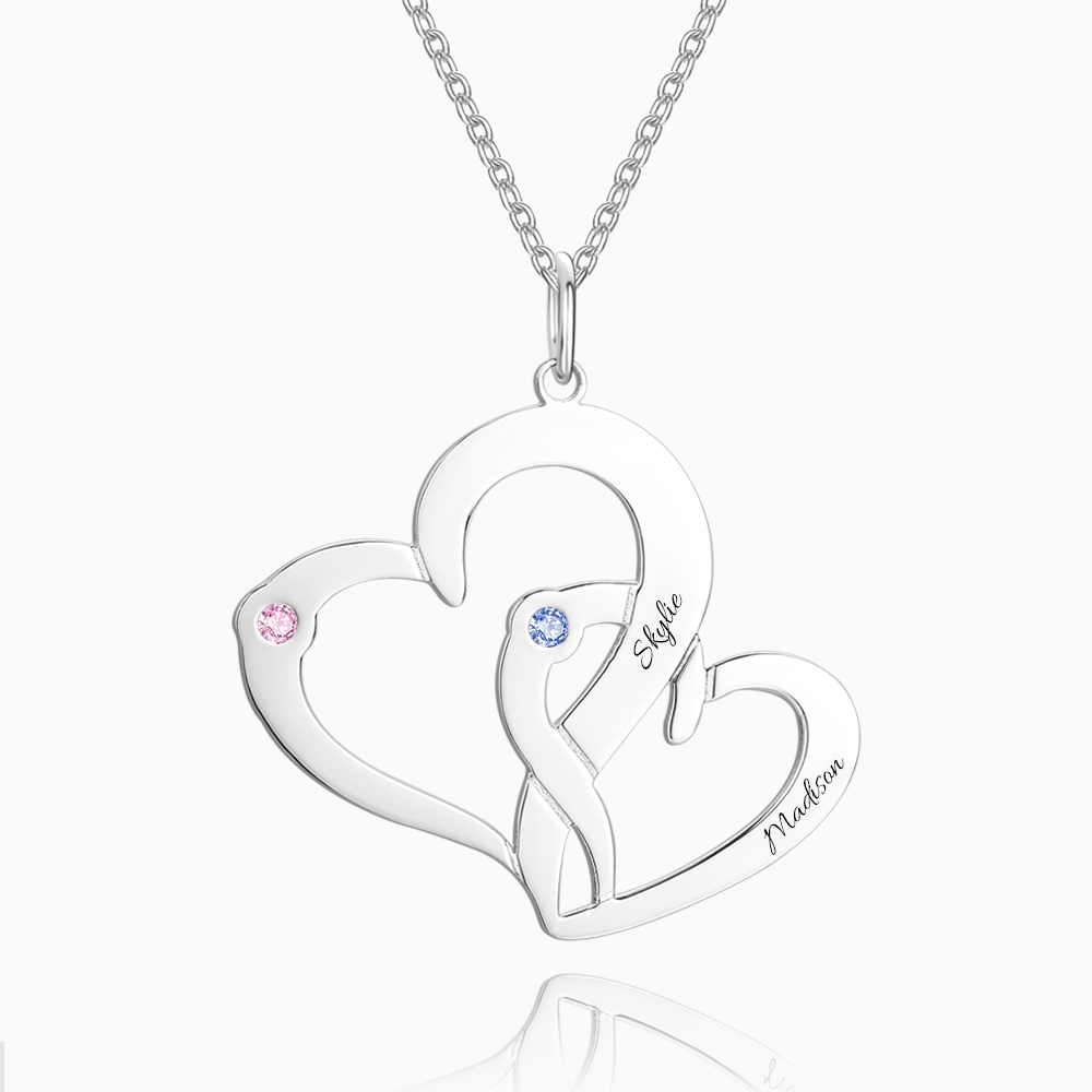Engraved Two Heart Necklace with Birthstone Silver - yournamenecklaceuk