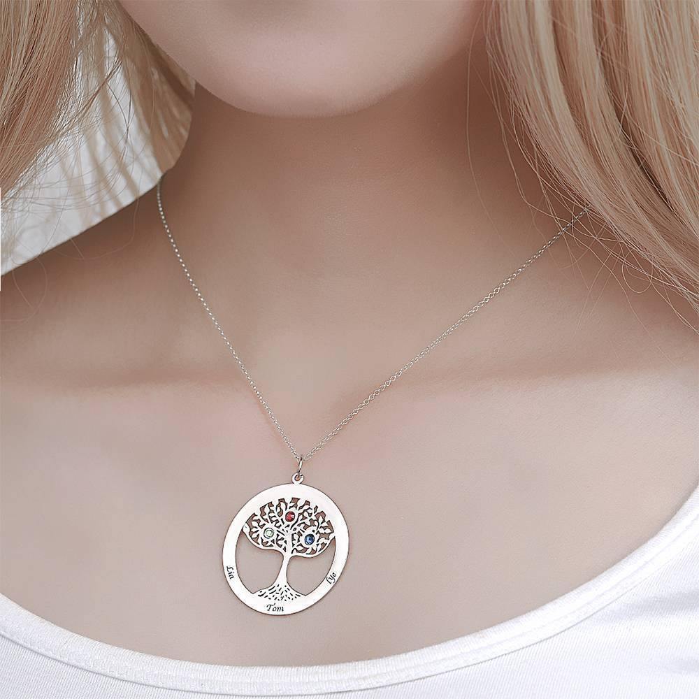 Family Tree Necklace with Birthstone, Engraved Necklace Family Gift Silver - yournamenecklaceuk