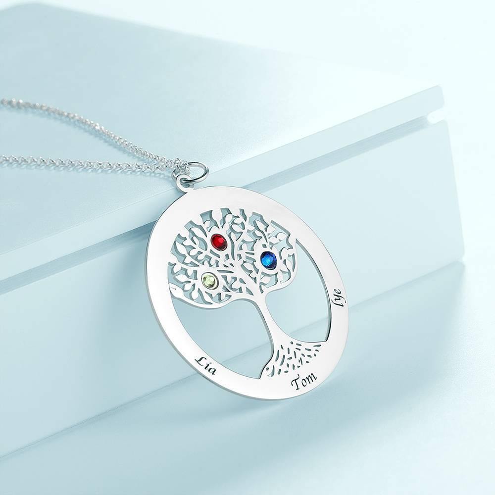 Family Tree Necklace with Birthstone, Engraved Necklace Family Gift Silver - yournamenecklaceuk