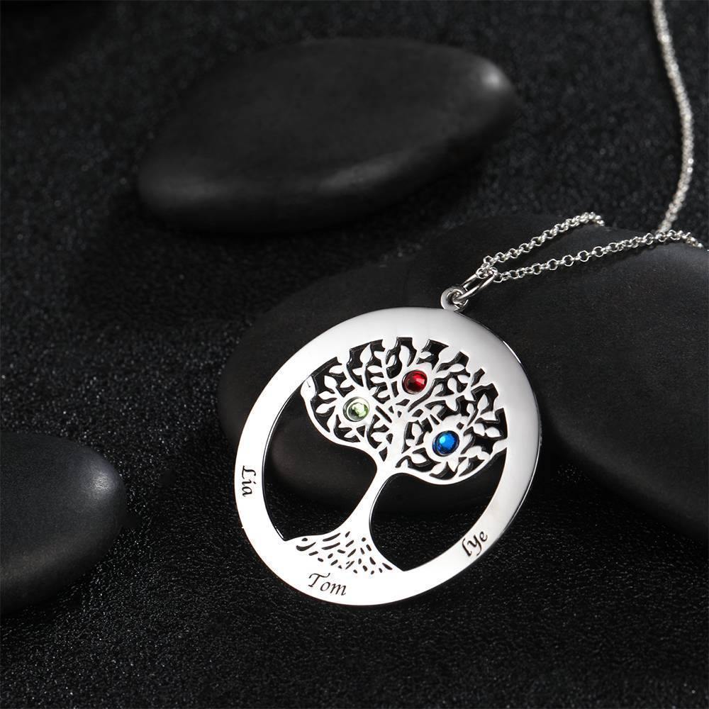Family Tree Necklace with Birthstone, Engraved Necklace Family Gift Silver - yournamenecklaceuk