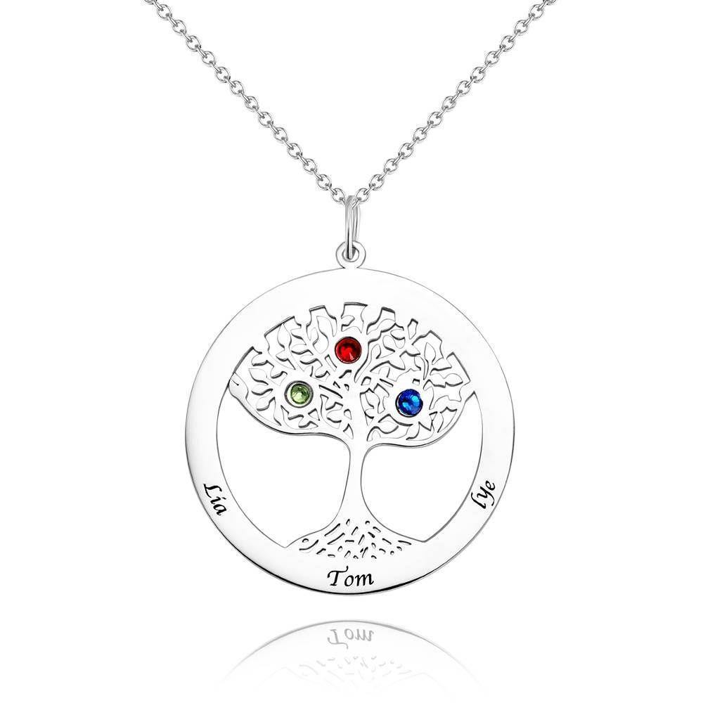 Family Tree Necklace with Birthstone, Engraved Necklace Family Gift Silver - yournamenecklaceuk