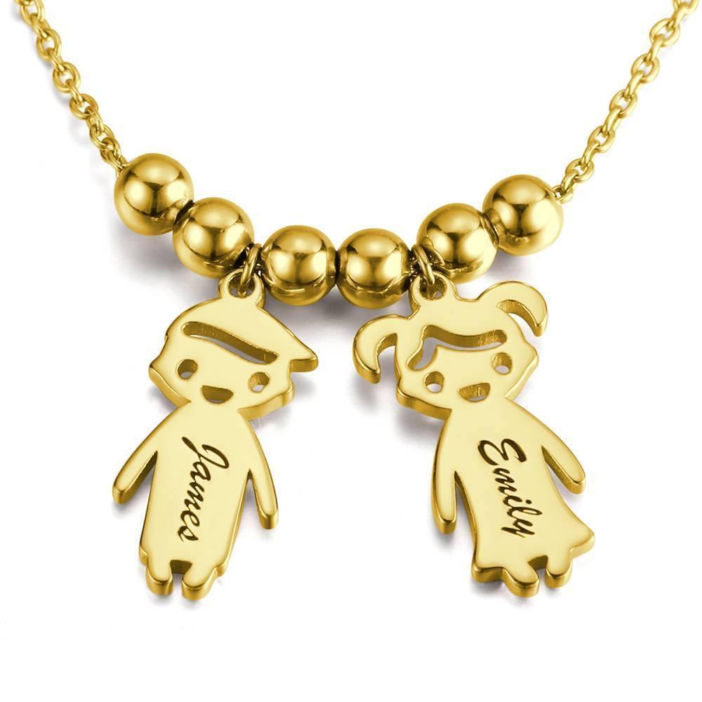 Engraved Necklace, Children Charms Necklace Mom Jewelry 14K Gold Plated - Golden - yournamenecklaceuk