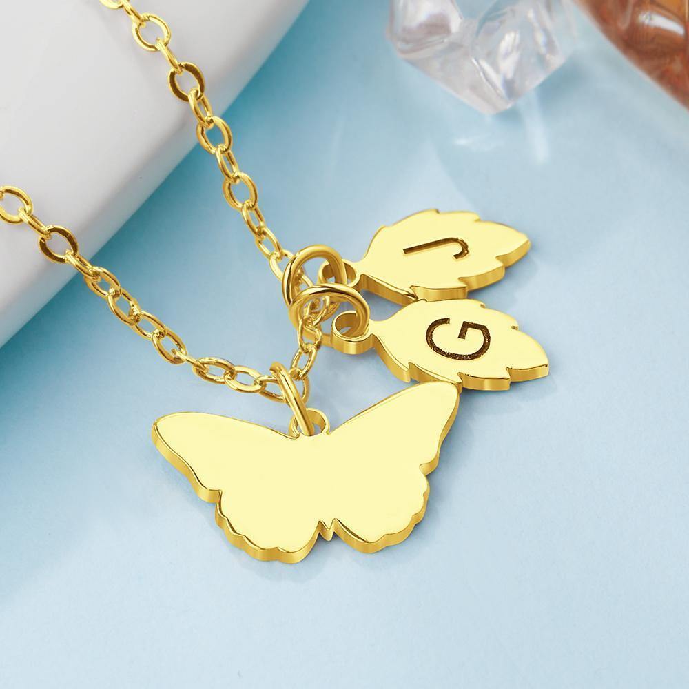 Name Necklace with Butterfly and Leaves Necklace 14k Gold Plated Silver - yournamenecklaceuk