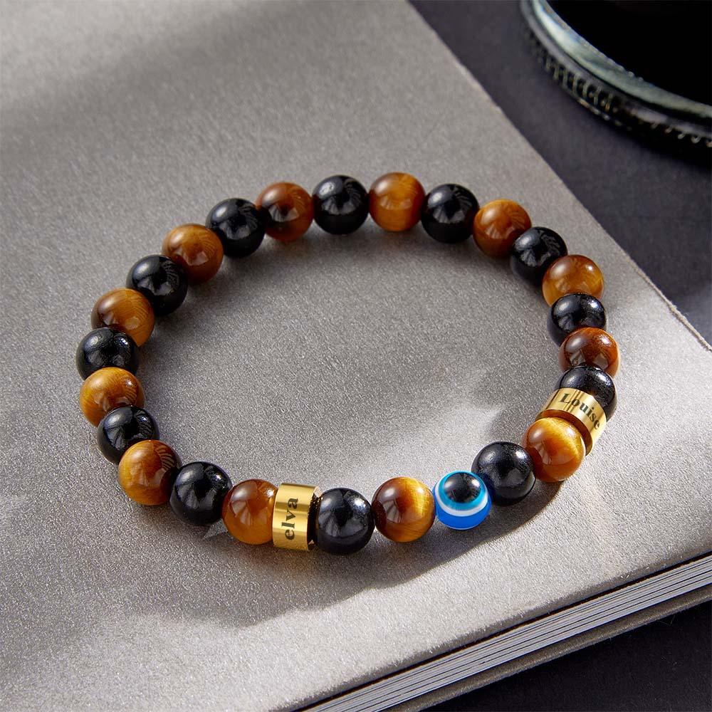 Custom Engraved Amulet Bracelet Evil Eye Gold Tiger Eye Black Onyx Beaded Bracelet for Men - yournamenecklaceuk
