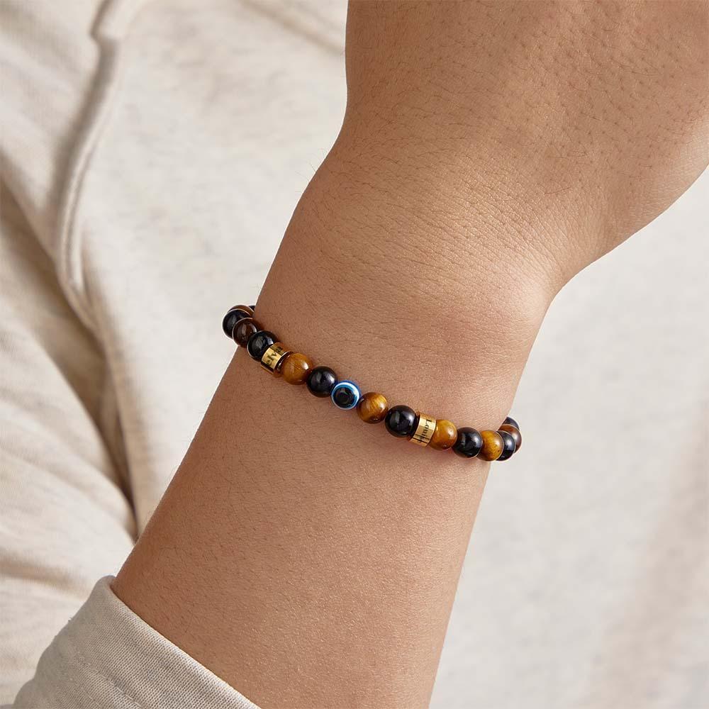 Custom Engraved Amulet Bracelet Evil Eye Gold Tiger Eye Black Onyx Beaded Bracelet for Men - yournamenecklaceuk