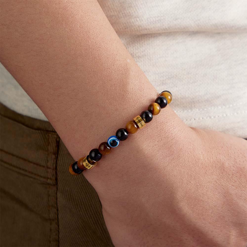 Custom Engraved Amulet Bracelet Evil Eye Gold Tiger Eye Black Onyx Beaded Bracelet for Men - yournamenecklaceuk