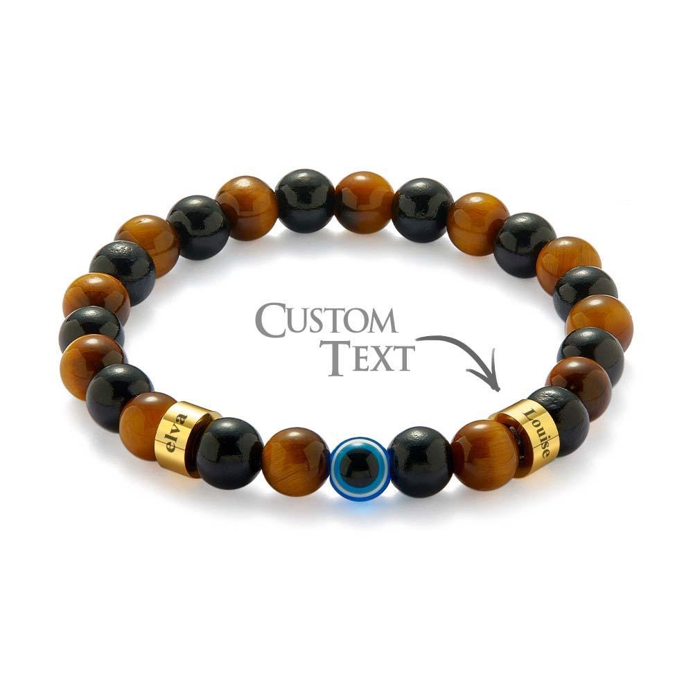 Custom Engraved Amulet Bracelet Evil Eye Gold Tiger Eye Black Onyx Beaded Bracelet for Men - yournamenecklaceuk