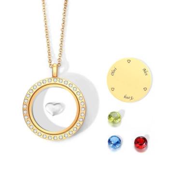 Personalised Birthstone Floating Locket Necklace with Engraving 14K Gold Plated - yournamenecklaceuk