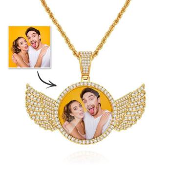 Custom Photo Necklace with Wings Medallions Necklace Iced Out Large Custom Picture Pendant Golden - yournamencklaceuk