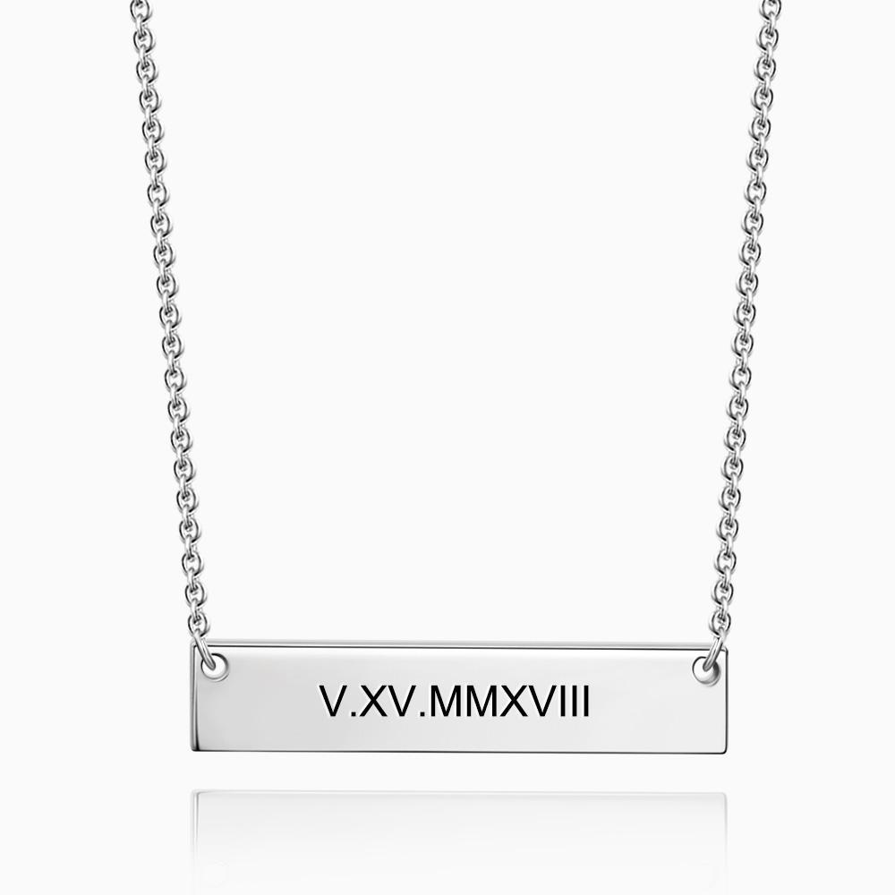 Silver Engraved Roman Numeral Bar Necklace