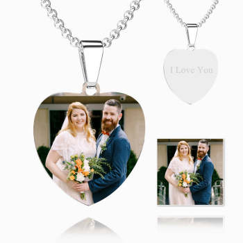Stainless Steel Photo Heart Tag Necklace Engraved Pendant, Wedding Gift for Bride