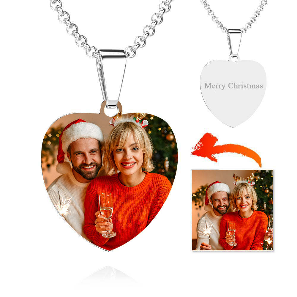 Christmas Gift Stainless Steel Photo Heart Tag Necklace Engraved Pendant For Couple