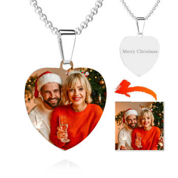 Christmas Gift Stainless Steel Photo Heart Tag Necklace Engraved Pendant For Couple