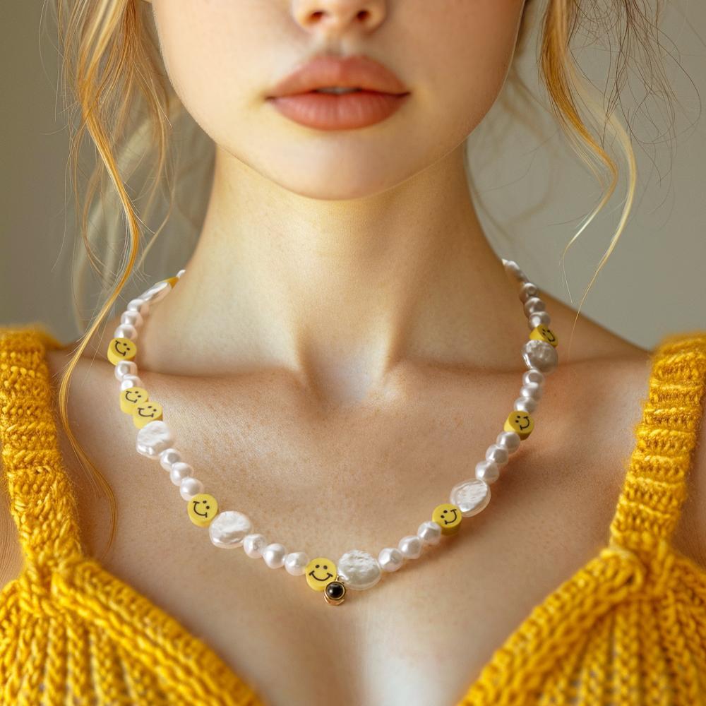 Custom Projection Necklace Smile Face Pearl Irregular Summer Y2K Collar Gift - yournamenecklaceuk