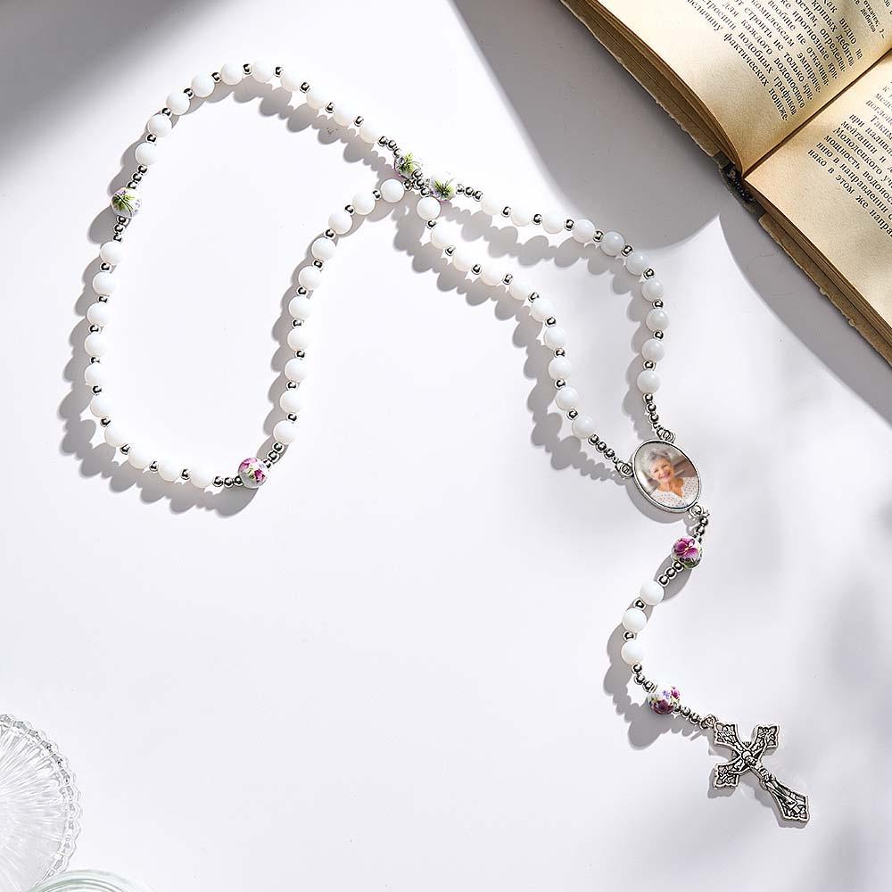 Custom Rosary Beads Cross Necklace Personalized Ceramic Rose Necklace with Photo - yournamenecklaceuk