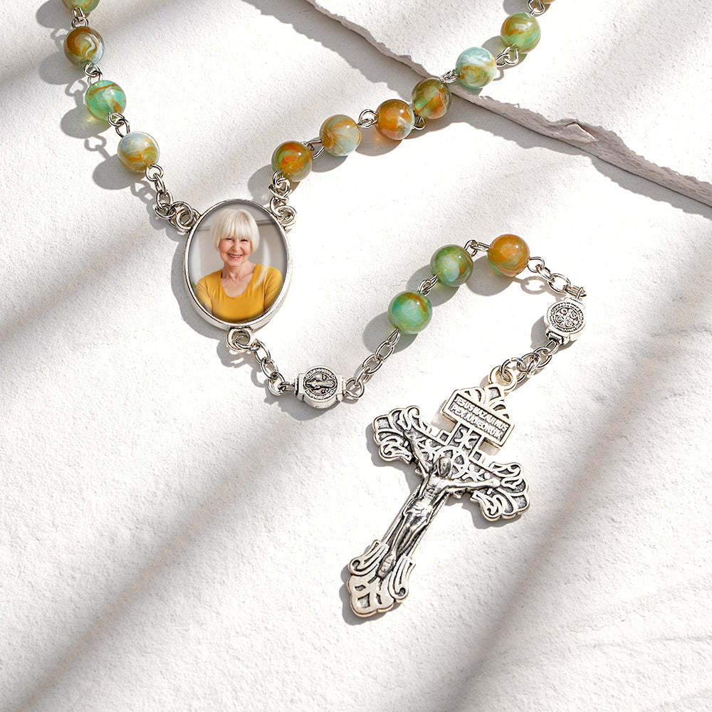 Custom Rosary Beads Cross Necklace Personalized Green Necklace with Photo - yournamenecklaceuk