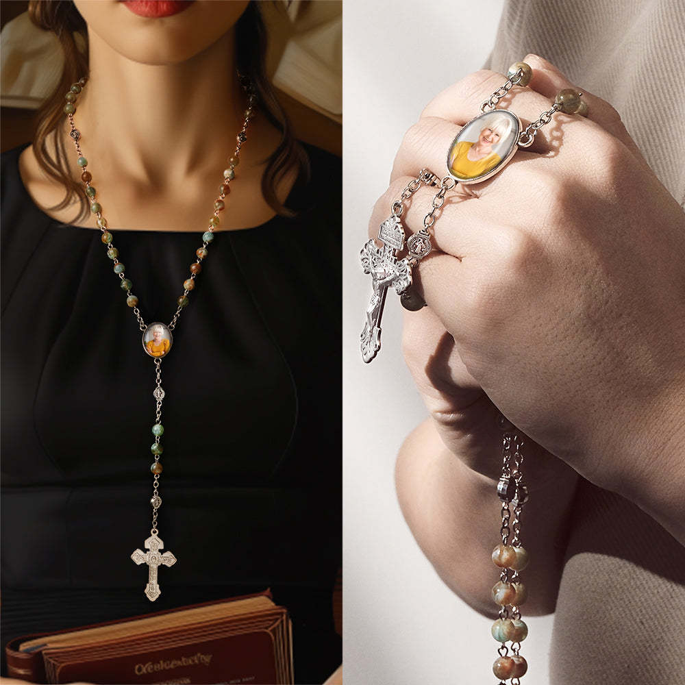 Custom Rosary Beads Cross Necklace Personalized Green Necklace with Photo - yournamenecklaceuk