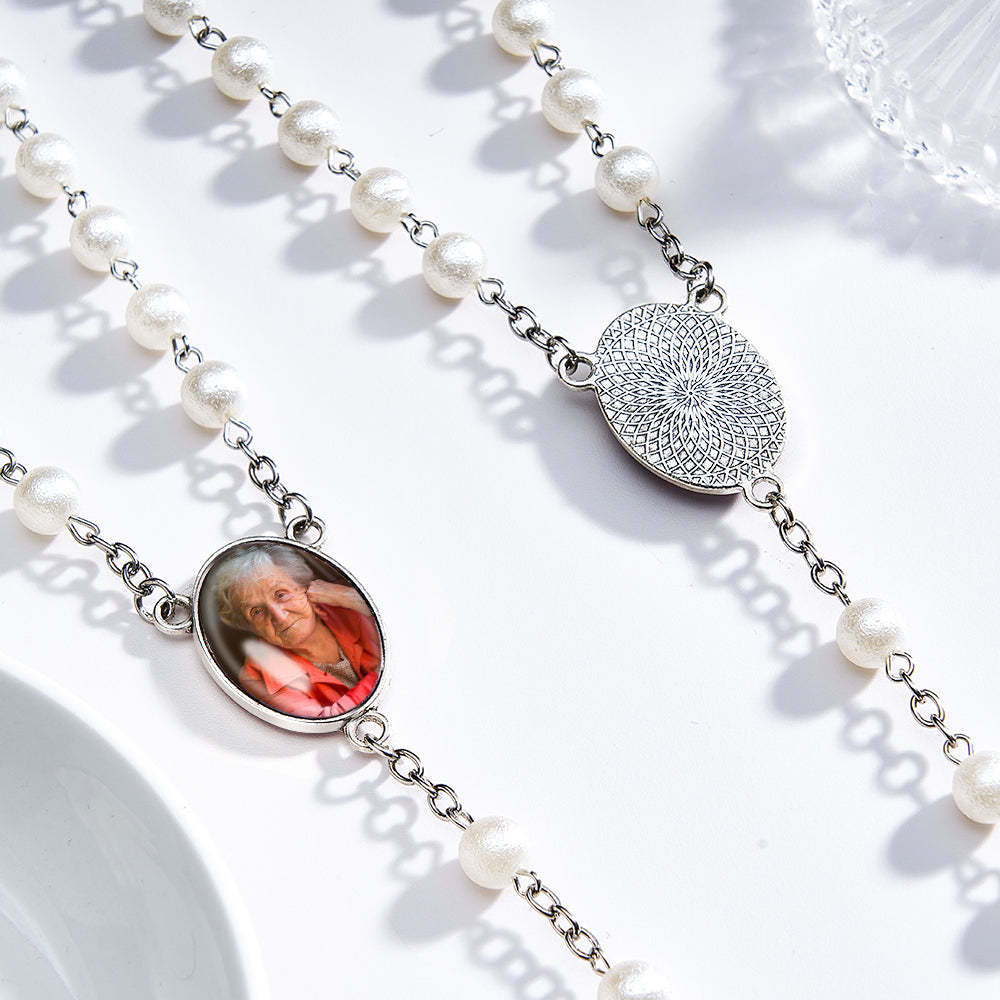 Custom Rosary Beads Cross Necklace Personalized White Bayberry Beads Necklace with Photo - yournamenecklaceuk