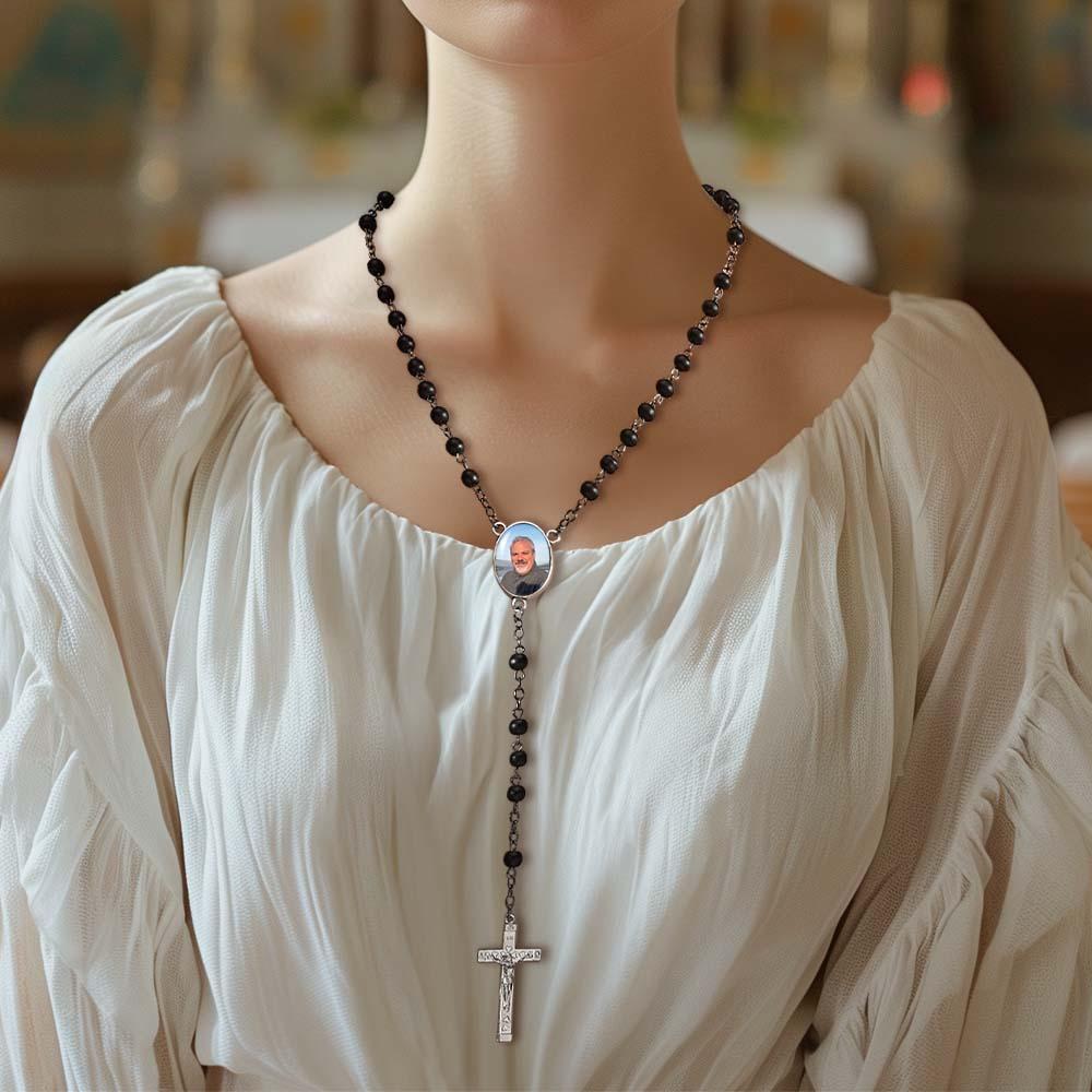 Custom Rosary Beads Cross Necklace Personalized Black Frosted Agate Necklace with Photo - yournamenecklaceuk