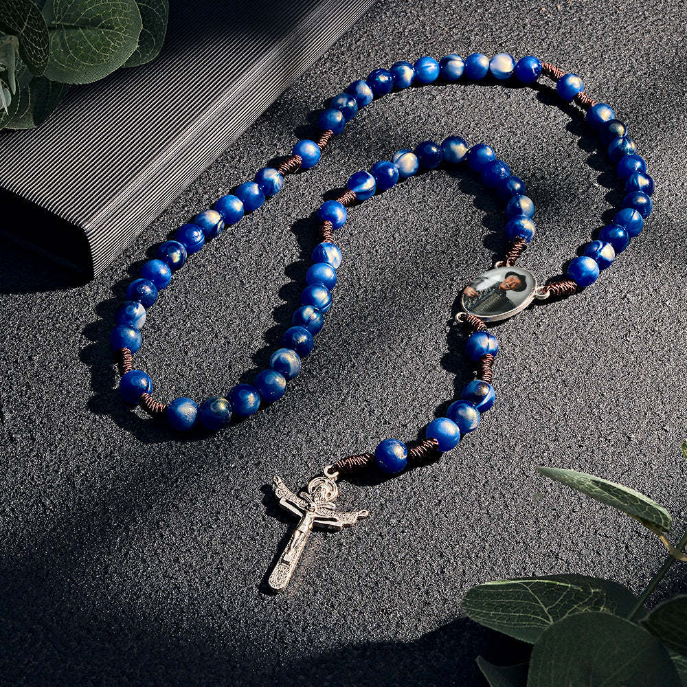 Custom Rosary Beads Cross Necklace Personalized Imitation Agate Beads Hand Woven Necklace with Photo - yournamenecklaceuk