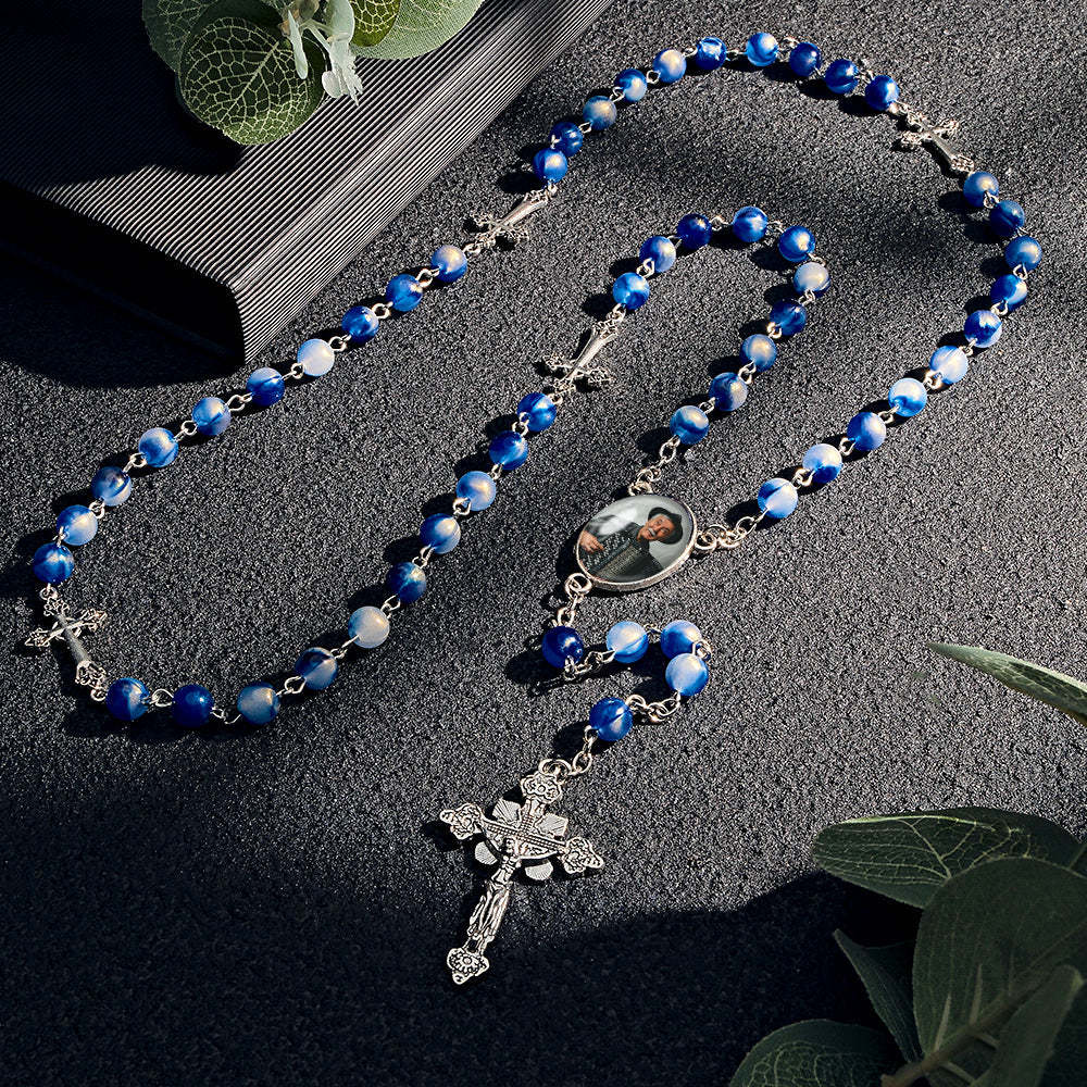 Custom Rosary Beads Cross Necklace Personalized Blue Acrylic Beads Necklace with Photo - yournamenecklaceuk