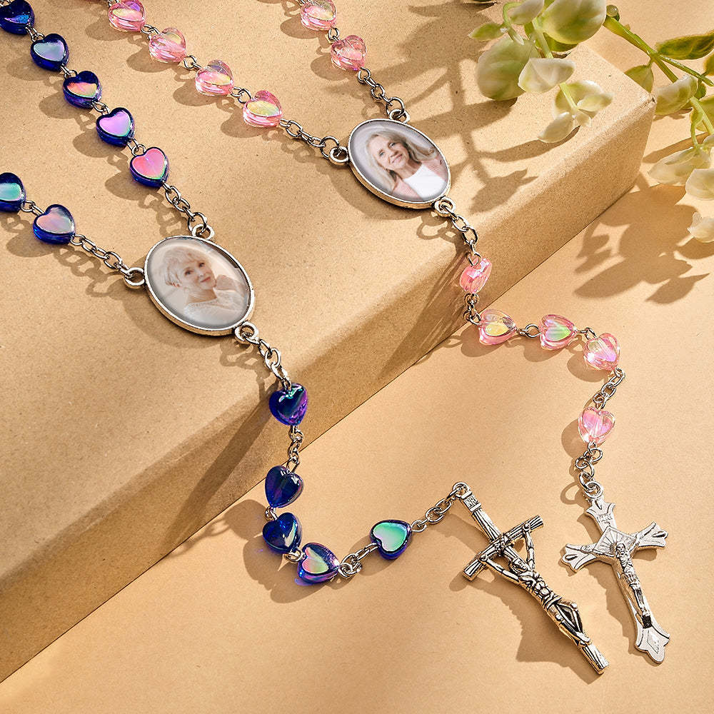 Custom Rosary Beads Cross Necklace Personalized Cross Heart Necklace with Photo - yournamenecklaceuk