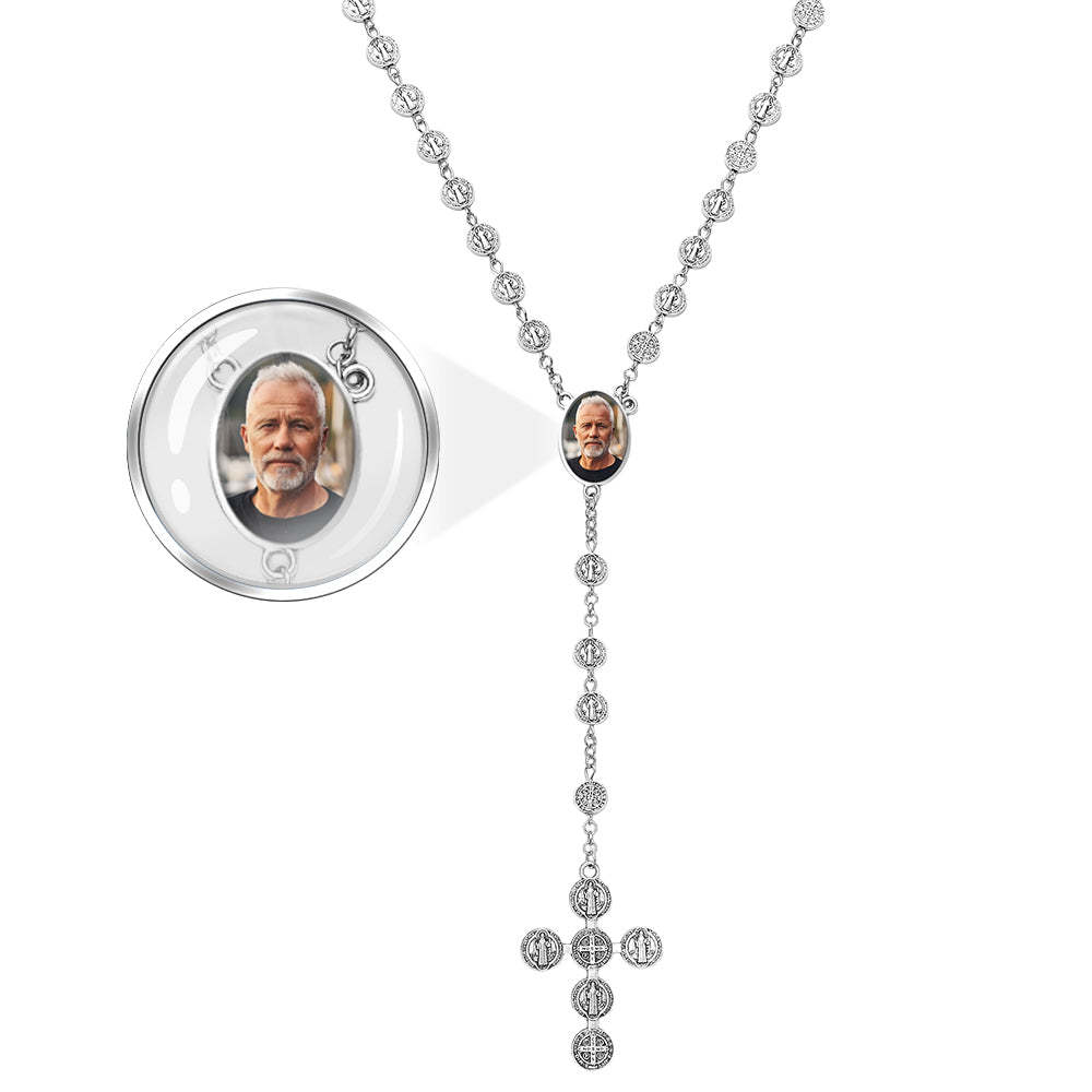 Custom Rosary Beads Cross Necklace Personalized Vintage Alloy Beads Necklace with Photo - yournamenecklaceuk