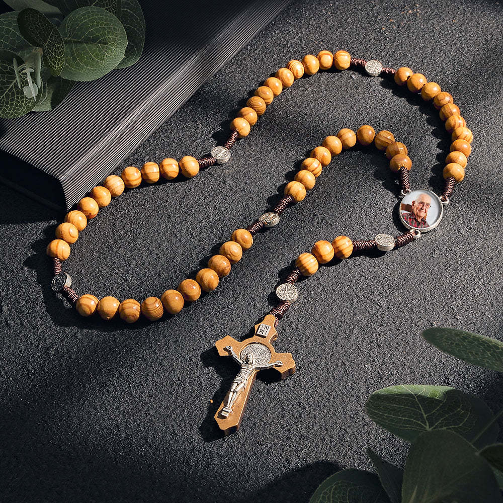 Custom Rosary Beads Cross Necklace Personalized Vintage Light Wood Beads Handwoven Necklace with Photo - yournamenecklaceuk