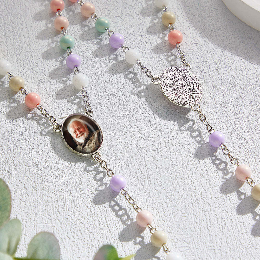 Custom Rosary Beads Cross Necklace Personalized Acrylic Macaron Color Beads Necklace with Photo - yournamenecklaceuk