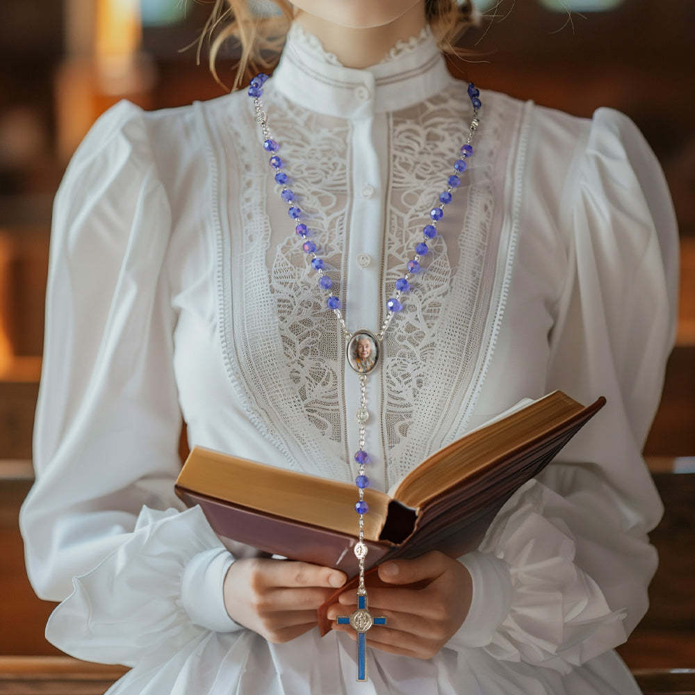 Custom Rosary Beads Cross Necklace Personalized Blue Crystal Necklace with Photo - yournamenecklaceuk