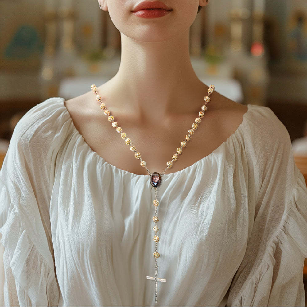 Custom Rosary Beads Cross Necklace Personalized Golden Rose Beads Necklace with Photo - yournamenecklaceuk